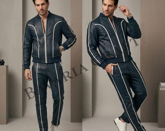 Chándal de piel para hombre BRAYDEN (AZUL MARINO/BLANCO) Conjunto deportivo de piel de cordero auténtica y suave