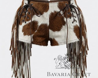 Genuine Cowhide Fringe Shorts | Pony Skin Western Wear | Lace-up Biker Style