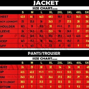May include: A red and black size chart for jackets and pants, with measurements in inches. The chart includes sizes S to 5XL, listing chest, back length, shoulder, sleeve, hip, bicep, and cuff measurements for jackets, and waist, hip, thigh, hem to length, and bottom measurements for pants.