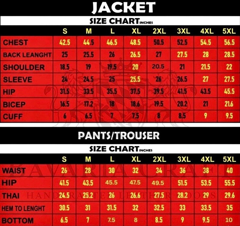 May include: A red and black size chart for jackets and pants, with measurements in inches. The chart includes sizes S to 5XL, listing chest, back length, shoulder, sleeve, hip, bicep, and cuff measurements for jackets, and waist, hip, thigh, hem to length, and bottom measurements for pants.