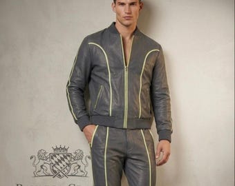 Men's Brayden Leather Track Suit [Slate Grey/Neon] Sweatsuit Real Soft lambskin leather