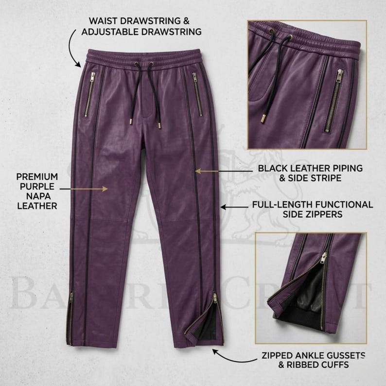 May include: Purple Napa leather pants with a drawstring waist and adjustable drawstring. Features include black leather piping, full-length side zippers, and zipped ankle gussets with ribbed cuffs. The pants have a modern design.