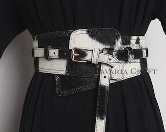 Hair-On Leather Waist Corset | Cowhide Patchwork Belt | Statement Waist Cincher
