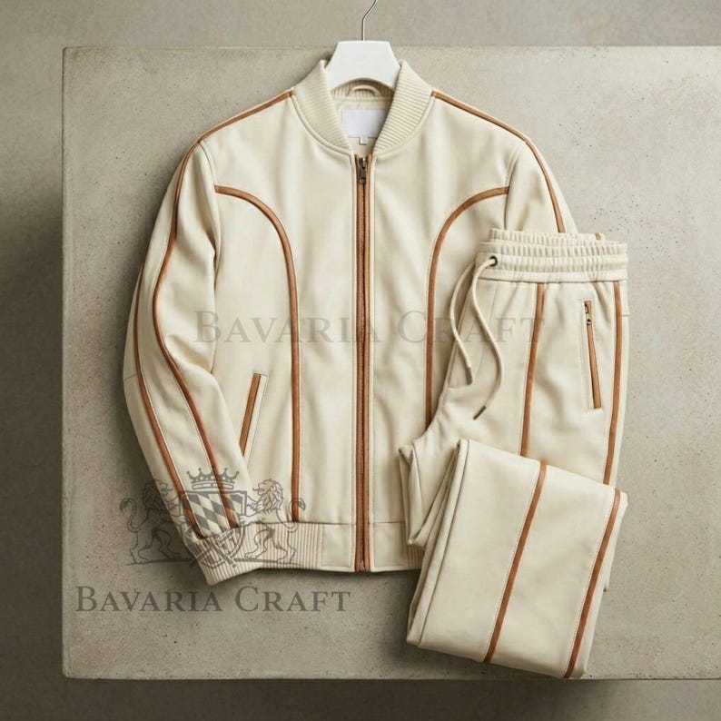 May include: Cream-colored leather track suit set, including a zip-up bomber jacket and matching pants. The jacket and pants feature brown trim and the text "BAVARIA CRAFT". The jacket is hanging on a white hanger.