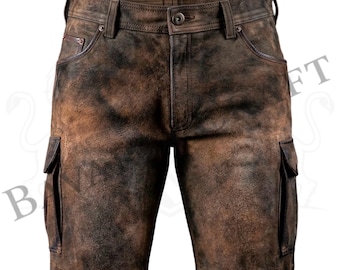 Trachten Cargo Leather Trousers Distressed, Marbled Dark Brown/Antique Finish Vintage Look