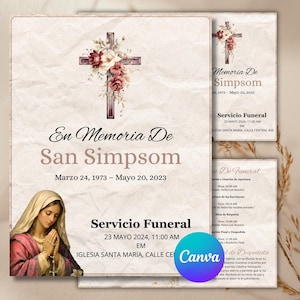 May include: A set of memorial cards with a cross and floral design. The cards feature text in Spanish, including dates, names, and the phrase "Servicio Funeral." A Canva logo is visible.