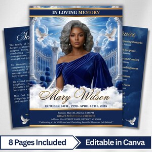 May include: A memorial service announcement with a portrait of a woman in a blue dress, set against a heavenly backdrop. The design includes doves, clouds, and text that reads "In Loving Memory" and "Mary Wilson". The announcement is for a service at Grace Memorial Church.