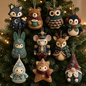 May include: A collection of ten crocheted ornaments featuring a fox with a moon, a bear holding a mug, an owl, a penguin with earmuffs, a rabbit with stars, a mouse soldier, a deer, a hooded figure, a star-shaped creature, and a gnome.