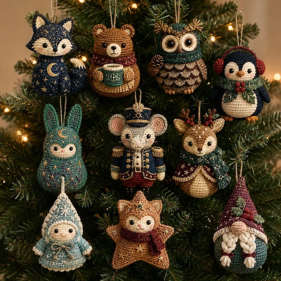 10-Piece Christmas Crochet Ornament Pattern Set Digital PDF, Amigurumi Holiday Decorations, DIY Tree Ornaments, Instant Download, Giftable