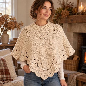 May include: A cream-colored crochet poncho featuring a ribbed mock neck collar, a central V-shaped stitch pattern, and a decorative scalloped edge with floral motifs along the hemline. The garment is worn over a long-sleeved shirt and blue jeans.