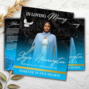 May include: A memorial card design with a portrait of a woman, surrounded by black roses and the words "In Loving Memory." The card features the name "Joyce Harrington" and dates, with the phrase "Forever in Our Hearts."