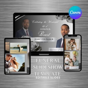 May include: A digital funeral slideshow template displayed on a laptop, tablet, and smartphone. The design features photos, text, and a Canva logo. The text includes "Celebrating the Wonderful Life of Anthony R. Beast" and "Forever in Our Hearts."