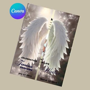 May include: A memorial card featuring white angel wings against a cloudy sky background. The card includes the text "CELEBRATION OF LIFE" and the names "Terrence Deshawn Walker" with the dates July 22, 1973 - March 15, 2019.