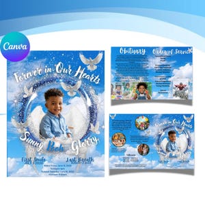 May include: A blue funeral programme template featuring a photo of a young child, white doves, and clouds. The text reads Forever in Our Hearts, Sunny Pooh Glorry, First Smile July 3 2020, Last Breath August 2 2023, and includes service details.
