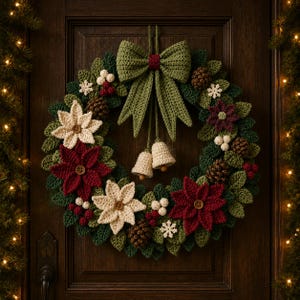 May include: A crochet wreath featuring dark and light green leaves, red and cream poinsettia flowers with brown buttons at the centers, brown pinecones, white berries, small white snowflakes, and a large green bow with two hanging cream bells.