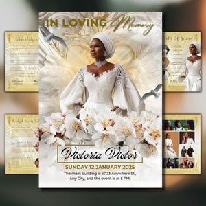 以下が含まれることがあります： 白いドレスを着た女性、白い花と鳩に囲まれた追悼サービスの告知。テキストには「In Loving Memory」、名前「Victoria Victor」、日付「2025年1月12日日曜日」が含まれています。テキストが書かれた他のページも表示されています。