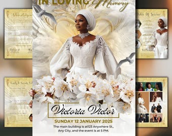 White Gold Roses Funeral Program Template: 8-Page Memorial (Canva PDF)
