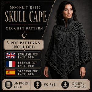 Skull Lace Poncho Crochet Pattern PDF, Gothic Oversized Sweater, Halloween Skull Cape, Ribbed Turtleneck, Boho Digital Download
