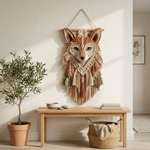 May include: A macrame wall hanging shaped like a fox head, crafted from cream, tan, and brown cord. The design features intricate knotting, layered leaf-like patterns, and hanging tassels suspended from a horizontal wooden dowel with a rope hanger.