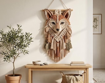 May include: A macrame wall hanging shaped like a fox head, crafted from cream, tan, and brown cord. The design features intricate knotting, layered leaf-like patterns, and hanging tassels suspended from a horizontal wooden dowel with a rope hanger.