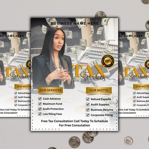 Könnte beinhalten: Eine Werbegrafik für Steuerdienstleistungen mit einer Frau in einem Blazer und fallenden Geldscheinen. Der Text enthält "Tax Services", "Our Services" und eine Liste von Dienstleistungen. Die Grafik enthält auch ein "100% Zufriedenheitsgarantie" Siegel.