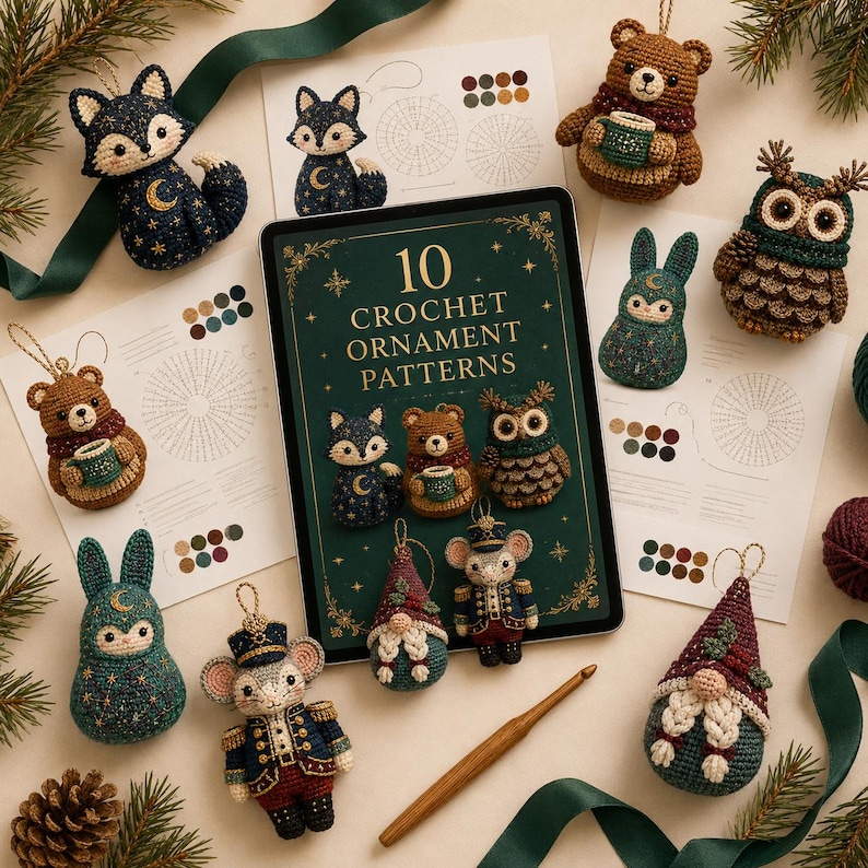 May include: A digital tablet displaying 10 Crochet Ornament Patterns surrounded by various crocheted ornaments including a fox, bears, owls, rabbits, mice, and gnomes, along with printed pattern instruction sheets and a wooden crochet hook.