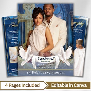 May include: A multi-page invitation design featuring a couple's photo, doves, and the text "Pastoral Anniversary." The design includes the dates "FEB 24, 1976 - SEP 28, 2025" and the time "15 February, 5:00pm." The words "4 Pages Included" and "Editable in Canva" are also present.