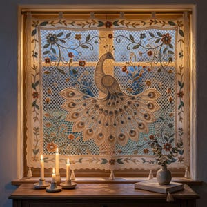 May include: A cream-colored crochet window curtain featuring a central peacock motif with an expansive tail, surrounded by floral vines and leaves in muted tones of blue, green, and orange, finished with a scalloped edge and small corner tassels.