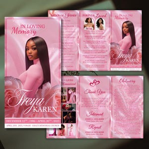 May include: A pink memorial program with the text "In Loving Memory" and the name "Freya Karen." The program includes a portrait of a woman in a pink dress, floral accents, and dates of birth and death.
