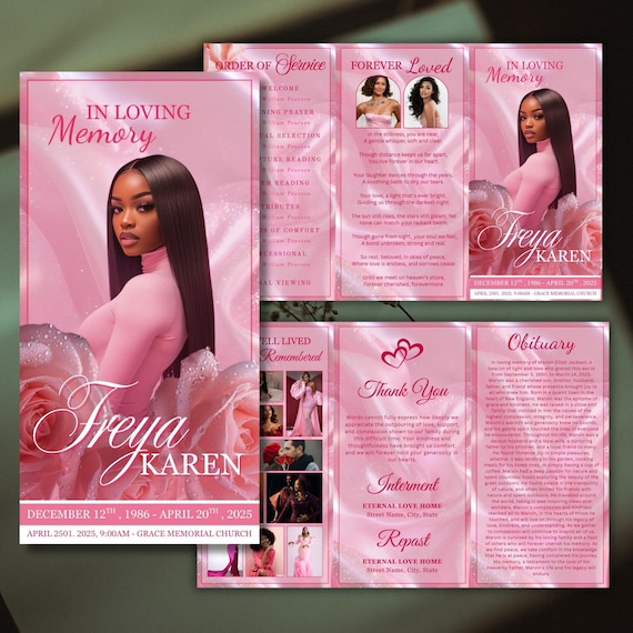 Pink Roses Funeral Program Template, Elegant Memorial Obituary (Canva Editable, 17x11 Digital Download )