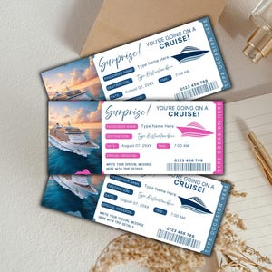 May include: Three cruise tickets with a cruise ship graphic and the text "Surprise! You're going on a cruise!" The tickets have space for passenger name, destination, date, time, and a special message. The tickets are in shades of blue and pink.