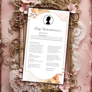 以下が含まれることがあります： 「Lady Whistledown's Society Papers」のテキストが入った、ブリジャートンウォッチパーティーの招待状。デザインには花の要素と女性のシルエットが含まれています。招待状は装飾的なフレームに入っています。