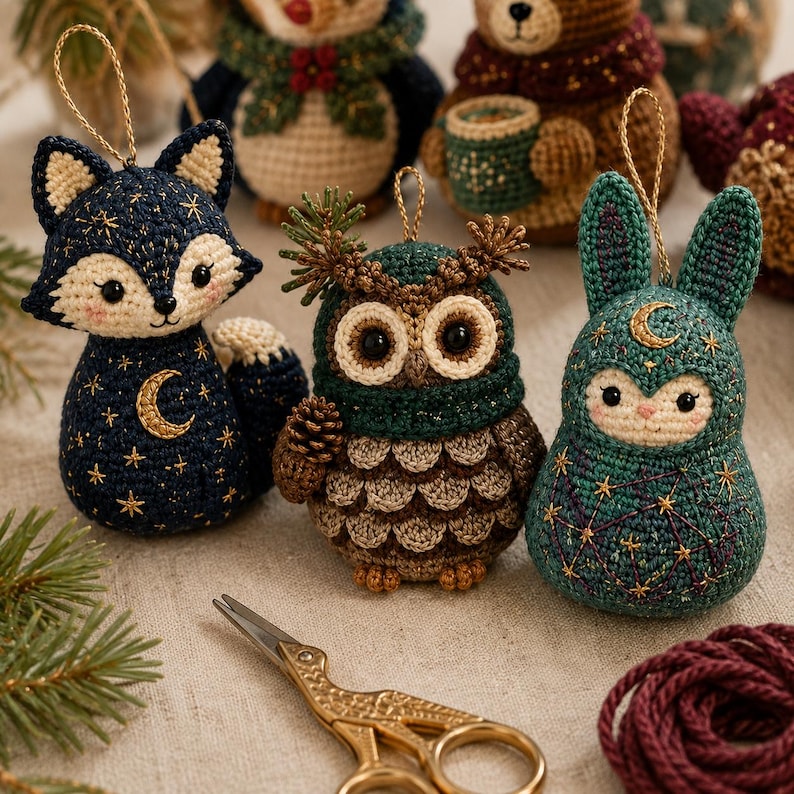 May include: Three crocheted ornaments featuring a dark blue fox with gold stars and a crescent moon, a brown owl with a green scarf and pinecone accents, and a teal rabbit with gold star constellations and a crescent moon, each with a gold hanging loop.