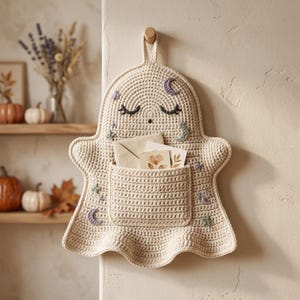 May include: A cream-colored crochet ghost wall hanging featuring a central pocket, embroidered closed eyes, and small purple and teal moon and star motifs. The ghost has a hanging loop at the top and contains two small paper envelopes inside.