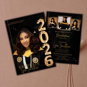May include: Black and gold graduation announcement featuring a graduate in a cap and gown, with the year 2026 in gold numerals. The announcement includes the graduate's name and details for a graduation party.