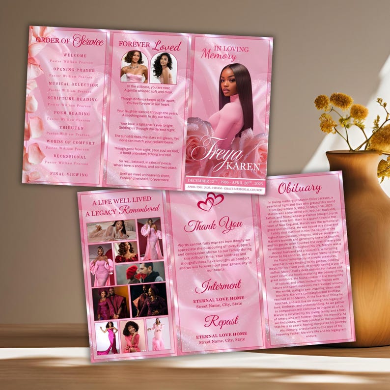 May include: A pink memorial service program, folded into thirds, with the name "Freya Karen" and dates of birth and death. The program includes photos, text, and sections for order of service, obituary, and thank you notes.