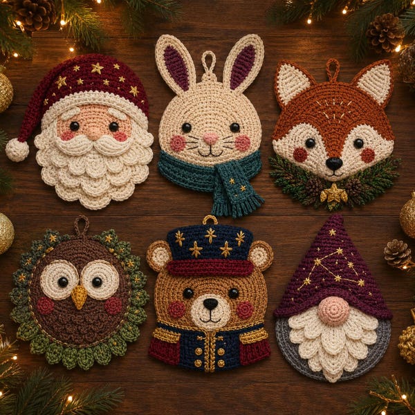 Christmas Crochet Placemat Bundle PDF, 6 Holiday Character Patterns, Santa Snowman Gnome Reindeer Gingerbread, English French Spanish