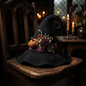 May include: A black crocheted pointed hat with a curled tip, featuring a purple band with a metallic buckle. The hat is decorated with a small orange crocheted pumpkin, a dark purple crocheted rose, and several light green crocheted leaves.