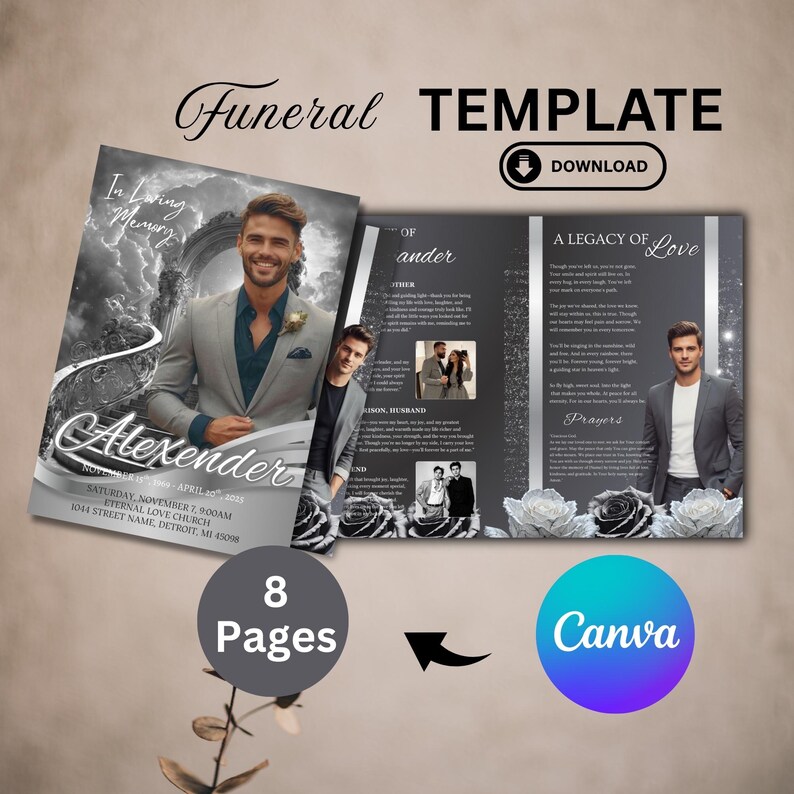 Minimalist Gray Funeral Program Template, Elegant Memorial (17x11 ...
