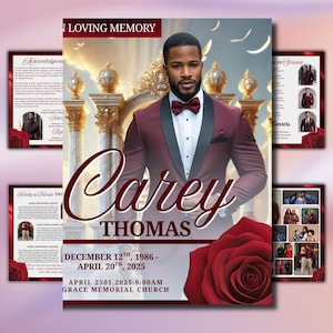 Könnte beinhalten: Eine Gedenkanzeige mit dem Namen "Carey Thomas" in eleganter Schrift. Das Design zeigt ein Porträt eines Mannes in einem bordeauxfarbenen Anzug, eine große rote Rose und zusätzlichen Text, einschließlich Daten und dem Namen einer Kirche. Die Worte "In Loving Memory" stehen oben.