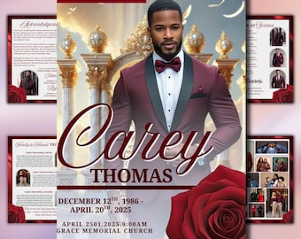 Maroon Roses Funeral Program Template, 8-Page Obituary (Canva Digital Download)