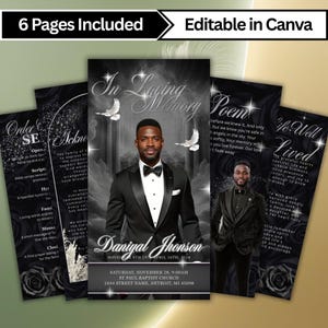 May include: A memorial service program with a photo of a man in a tuxedo, the text "In Loving Memory" and the name "Daniyal Jhonson". The program includes details about the service and is editable in Canva.