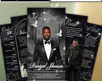 Black Roses Trifold Funeral Program Template, Editable Canva Obituary, Elegant Memorial Program, Printable Brochure, Instant Download File