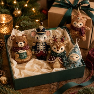 May include: A set of four crocheted ornaments in a box, including a brown bear holding a green mug, a mouse in a blue and gold uniform, a deer with antlers wearing a green scarf, and a blue cone-shaped figure with a star-shaped ornament nearby.
