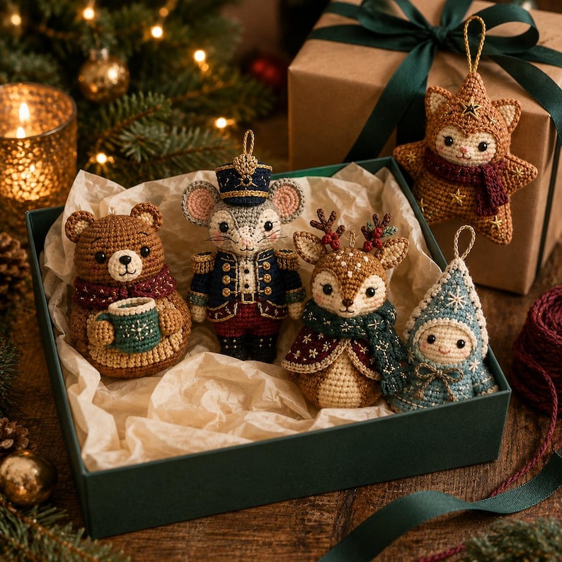 May include: A set of four crocheted ornaments in a box, including a brown bear holding a green mug, a mouse in a blue and gold uniform, a deer with antlers wearing a green scarf, and a blue cone-shaped figure with a star-shaped ornament nearby.