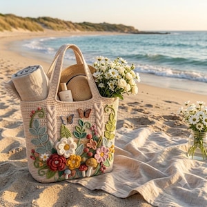 Può includere: Una borsa tote in uncinetto beige con intricate applicazioni 3D di fiori, foglie, funghi e farfalle. La borsa contiene un asciugamano arrotolato, un cappello di paglia e un bouquet di margherite bianche, appoggiata su una spiaggia.