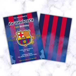 May include: Two soccer-themed birthday invitations. The front invitation has a blue, red, and purple striped background with the text "You are invited to Brandon's 11th Birthday". The FCB logo is in the center. The back invitation has red and blue stripes.
