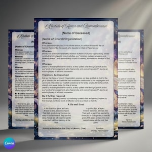Puede incluir: Tres tarjetas conmemorativas con un diseño azul oscuro y dorado. Las tarjetas presentan texto que incluye "Atributo de Honor y Recuerdo" y "Una vida bien vivida". El logotipo de Canva es visible en la esquina inferior izquierda.