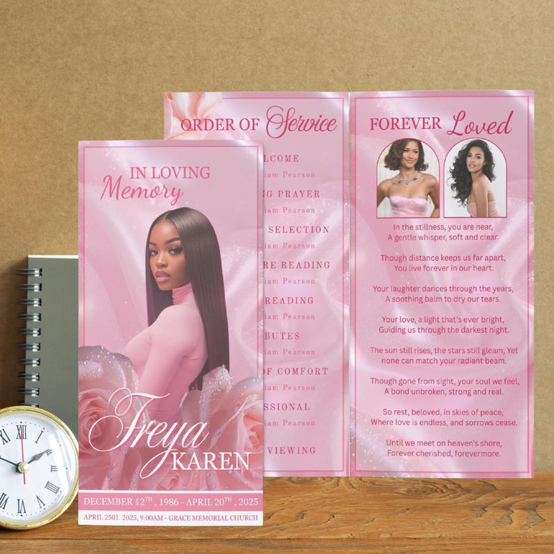 May include: A memorial service program with a pink and white floral design. The front features a photo of a woman and the names "Freya Karen". The program includes text such as "In Loving Memory" and "Forever Loved". A clock and a notebook are in the background.