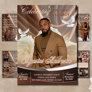 May include: A memorial service announcement featuring a portrait of a man in a brown suit, with the text "Celebrating The Life & Legacy" and the name "Agustus Andreson." Includes details of the service, with doves and floral accents.